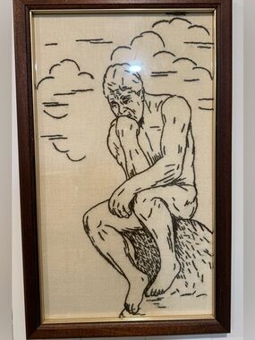 Vintage Framed Embroidered The Thinker Brown on Cream